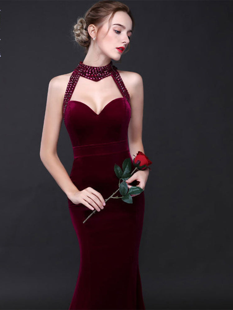 Robe de soirée vintage élégante en velours, sexy, dos nu, sans manches, style sirène, longueur au sol, robe de soirée, col licou, robe de bal