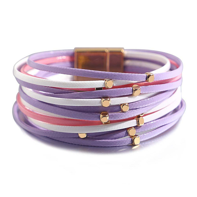 Bracelet vintage en cuir souple avec perles pour femme