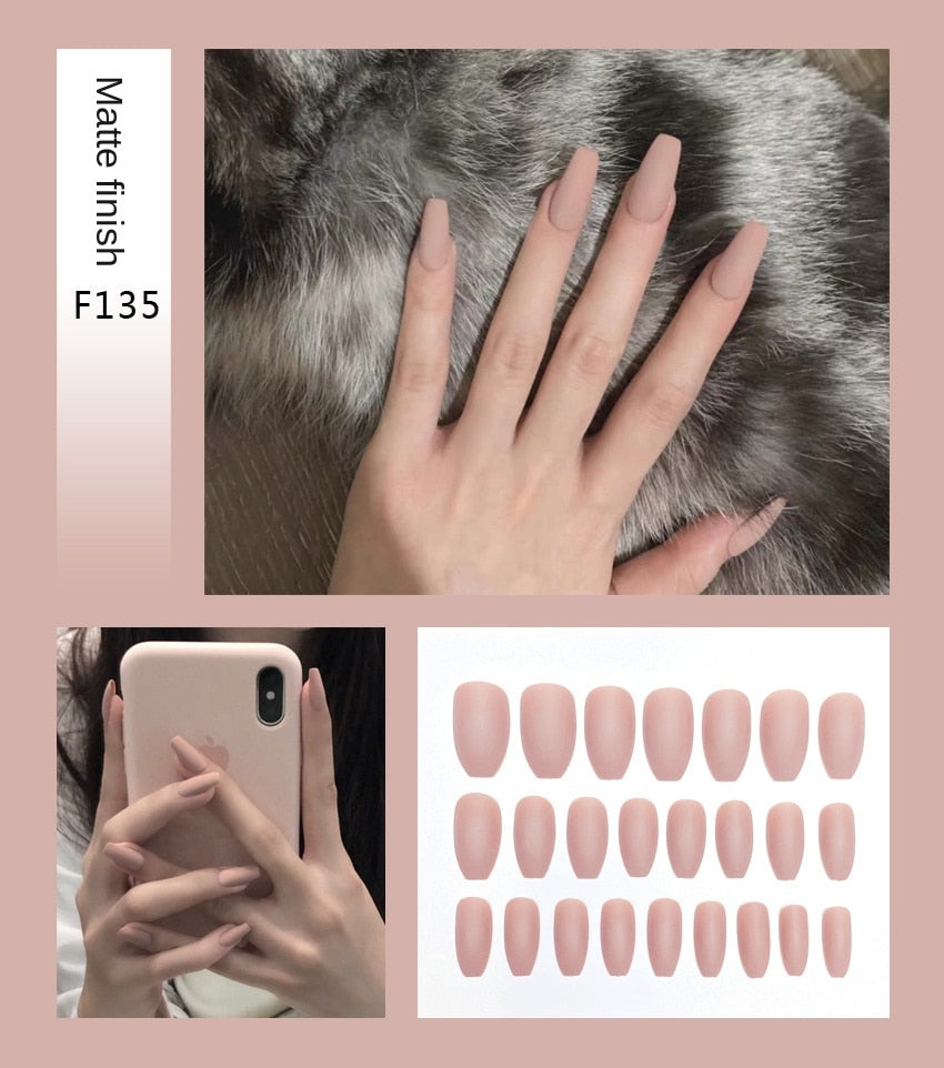 Faux ongles – Stiletto longs, transparents, mat, complets, avec colle
