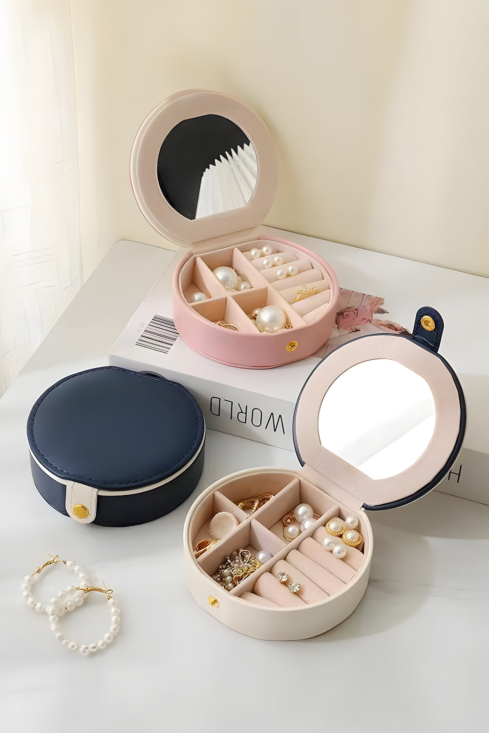 Mallette d'organisation pour bijoux rose pâle avec miroir