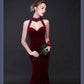Robe de soirée vintage élégante en velours, sexy, dos nu, sans manches, style sirène, longueur au sol, robe de soirée, col licou, robe de bal