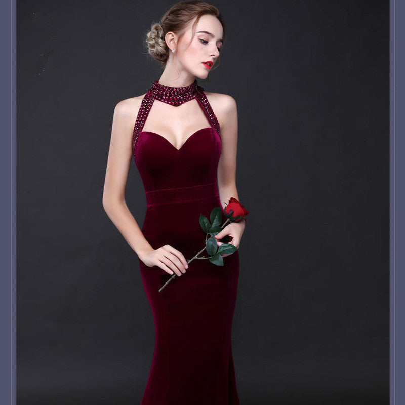 Robe de soirée vintage élégante en velours, sexy, dos nu, sans manches, style sirène, longueur au sol, robe de soirée, col licou, robe de bal