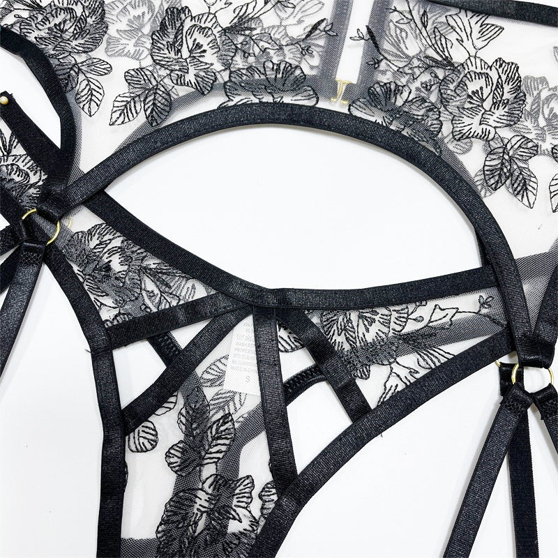 Ensemble trois pièces en dentelle et maille à imprimé floral pour femmes