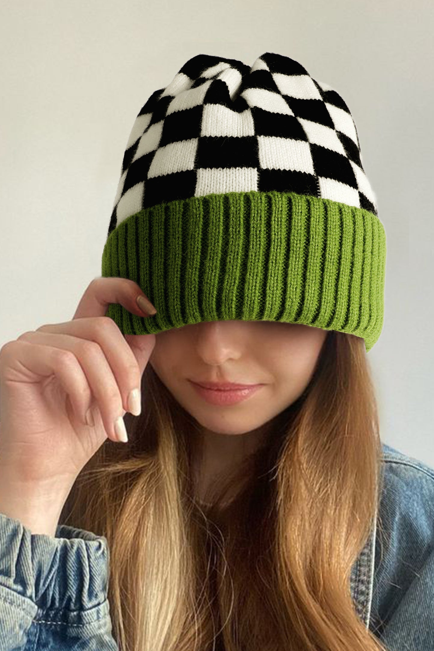 Bonnet d'hiver unisexe à damier vert épinard