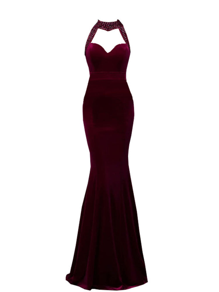 Robe de soirée vintage élégante en velours, sexy, dos nu, sans manches, style sirène, longueur au sol, robe de soirée, col licou, robe de bal