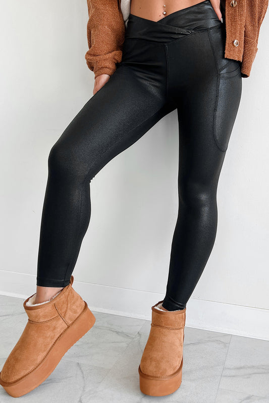 Leggings noirs croisés en V à taille haute et à poches