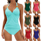 Maillot de bain deux pièces de couleur pure, dos nu, fendu et noué, pour femmes