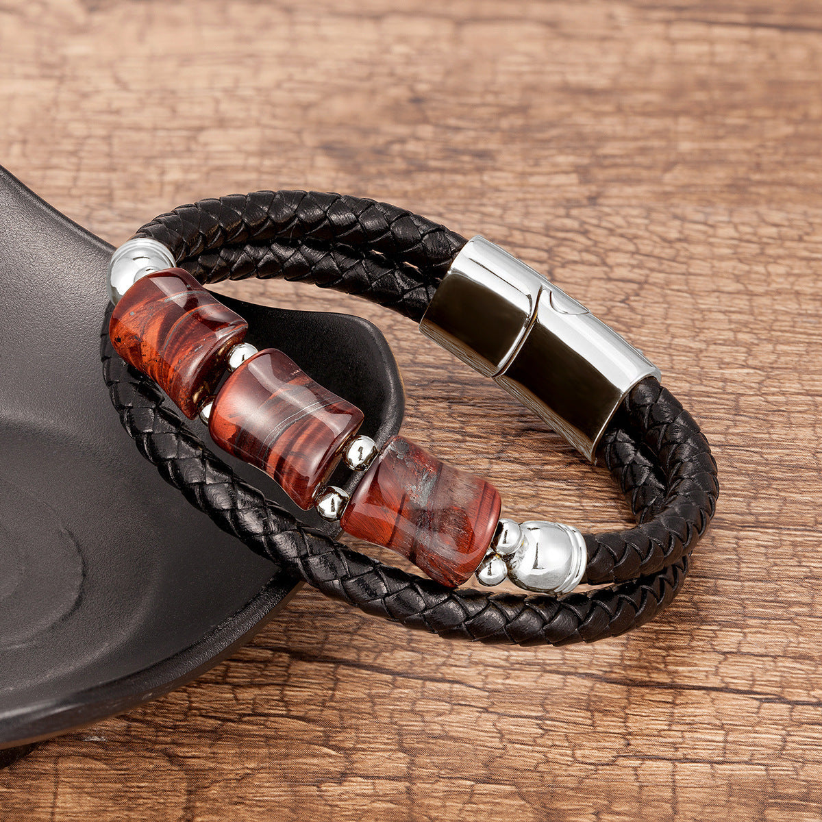 Nouveau Bracelet tressé en cuir avec pierres en bambou et œil de tigre