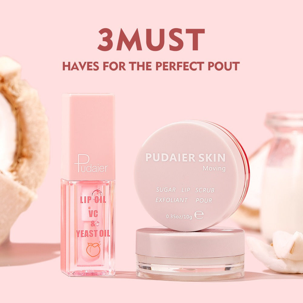 Set soin des lèvres Pudaier – Gommage, masque hydratant, huile et rouge à lèvres.