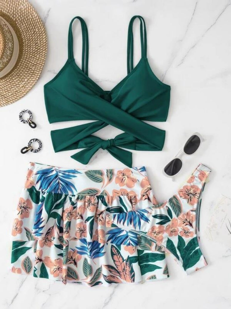 Maillot de bain trois pièces imprimé dos nu taille haute