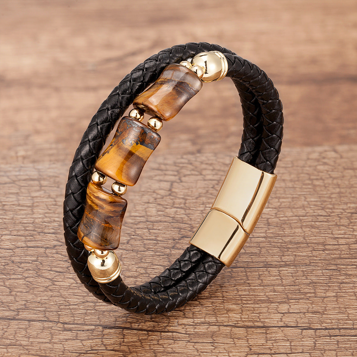 Nouveau Bracelet tressé en cuir avec pierres en bambou et œil de tigre