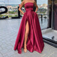 Robe de soirée longue en satin simple avec fente haute et fermeture éclair, sans bretelles