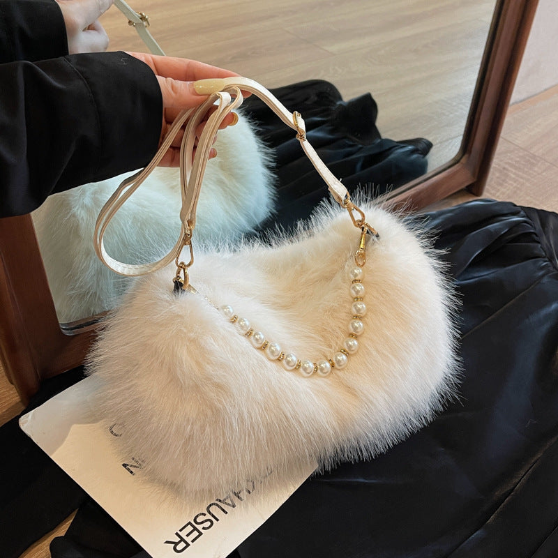 Sac à bandoulière avec chaîne et perles, en peluche  pour femme, mode automne et hiver