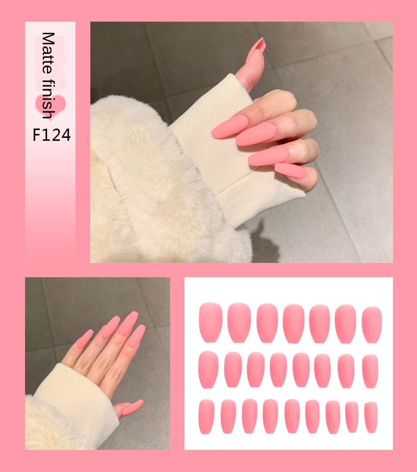 Faux ongles – Stiletto longs, transparents, mat, complets, avec colle