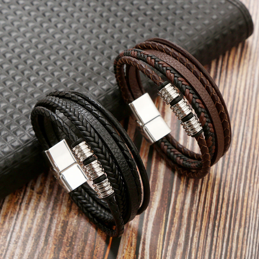 Bracelet en acier inoxydable à boucle magnétique en cuir pour homme