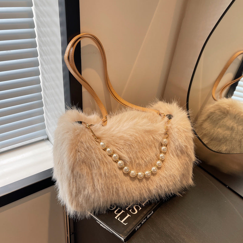 Sac à bandoulière avec chaîne et perles, en peluche  pour femme, mode automne et hiver