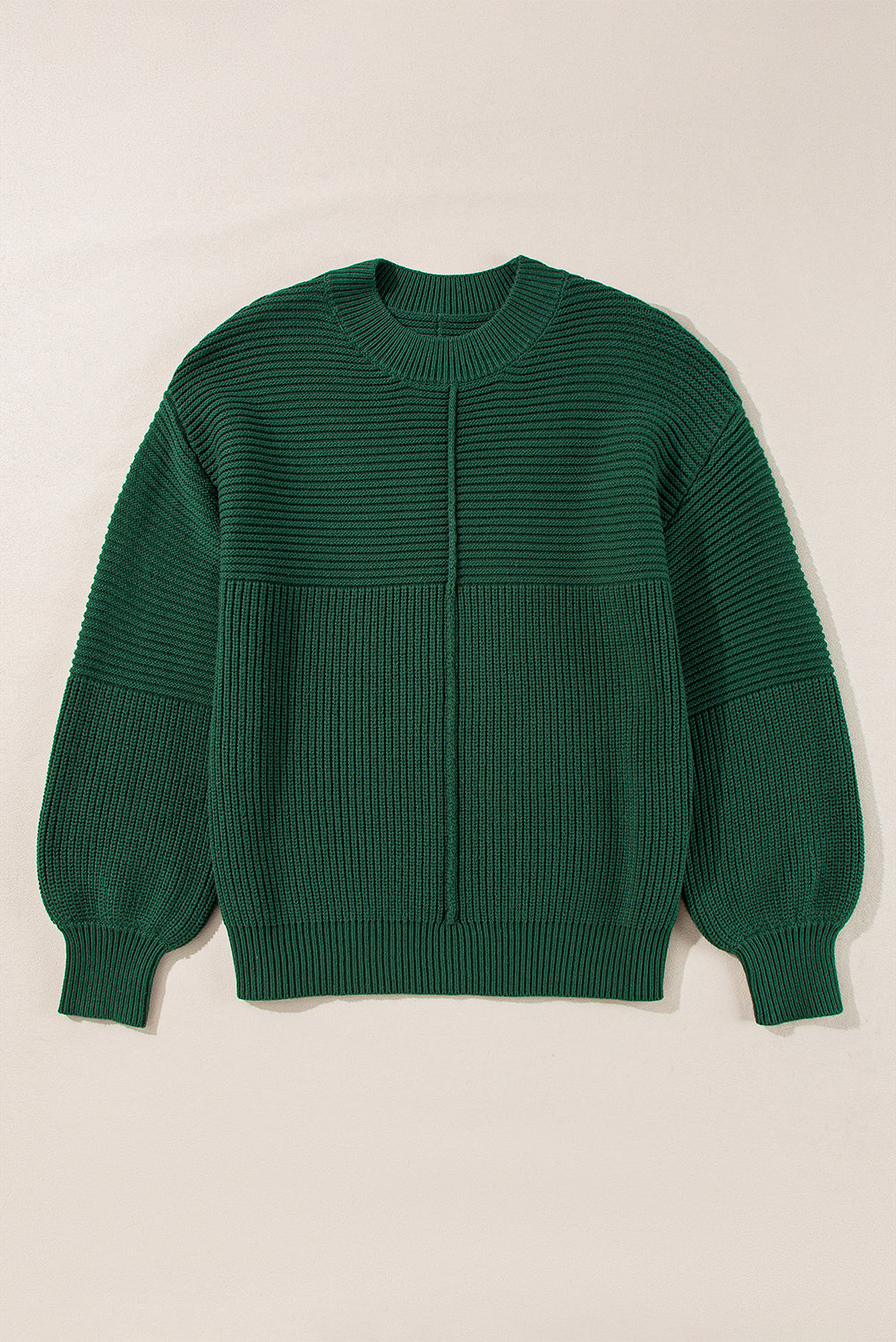 Pull à col ras du cou en tricot texturé vert noir avec manches lanternes