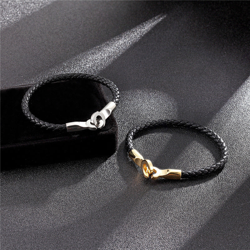 Bracelet en cuir tressé boucle simple en acier inoxydable pour homme