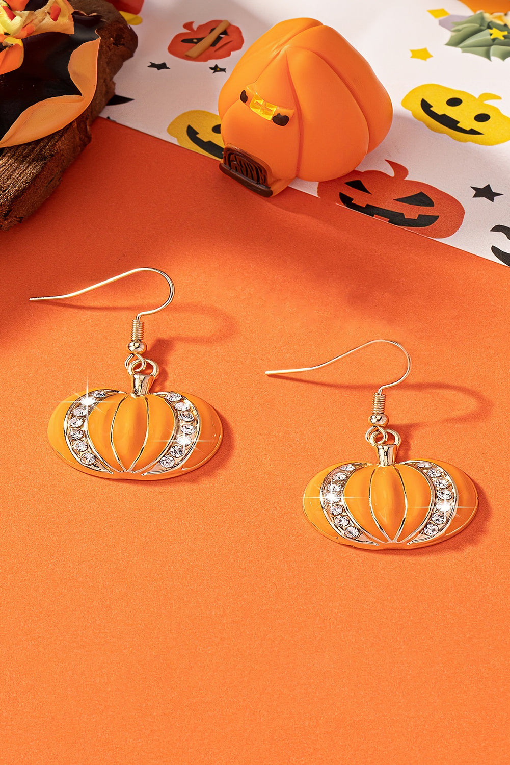 Boucles d'oreilles à crochets en strass citrouille Halloween orange