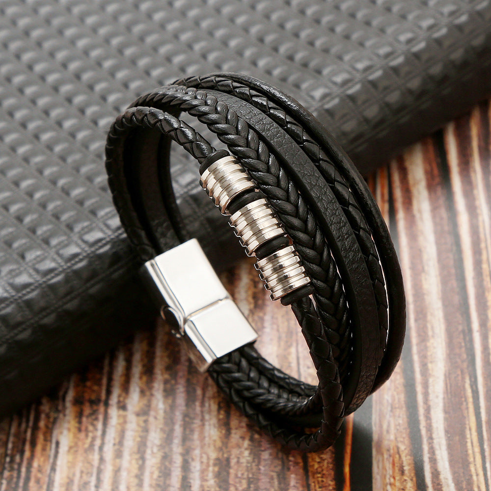 Bracelet en acier inoxydable à boucle magnétique en cuir pour homme