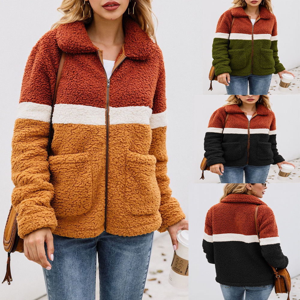 Veste en peluche à blocs de couleurs avec poches zippées et coutures tendance