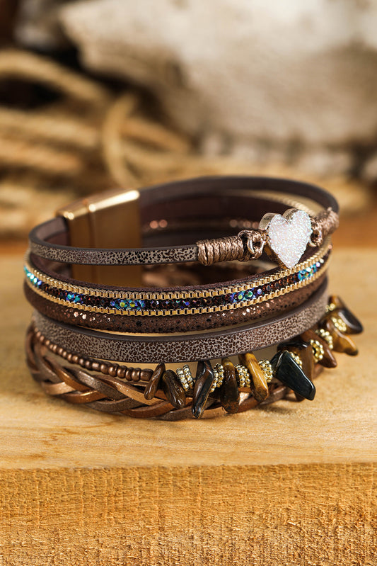 Bracelet en PU vintage multicouches avec cœur pailleté marron