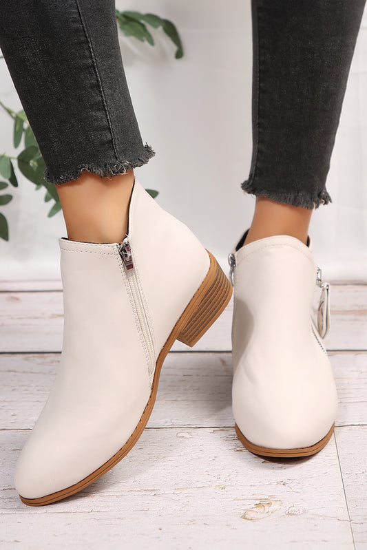 Bottines à talon bas avec double fermeture éclair en similicuir blanc