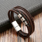 Bracelet en acier inoxydable à boucle magnétique en cuir pour homme
