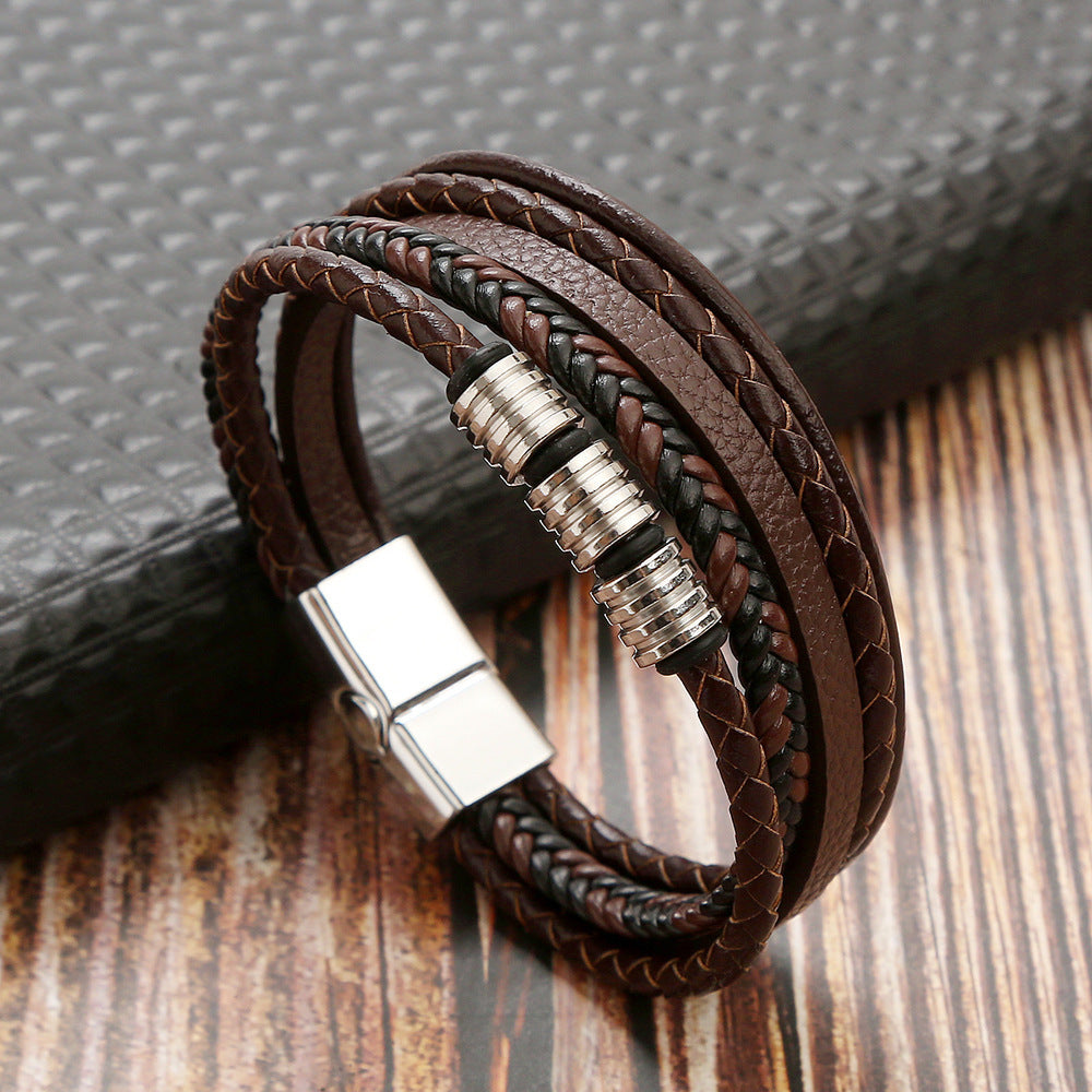 Bracelet en acier inoxydable à boucle magnétique en cuir pour homme