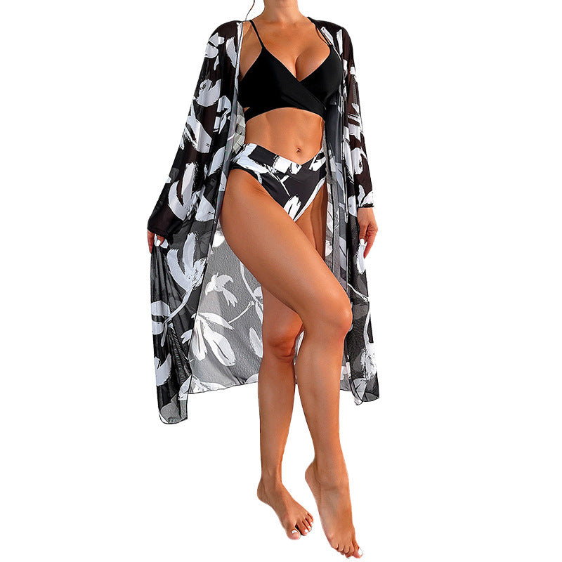 Maillot de bain trois pièces pour femme imprimé noir et blanc