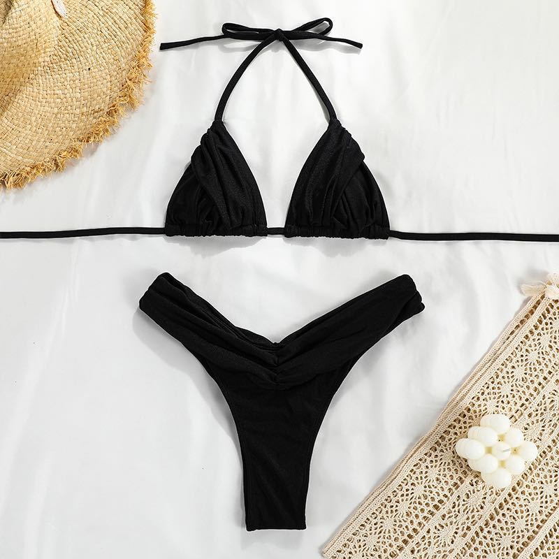 Maillot de bain pour femmes Bikini plissé de couleur unie