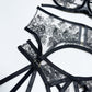 Ensemble trois pièces en dentelle et maille à imprimé floral pour femmes