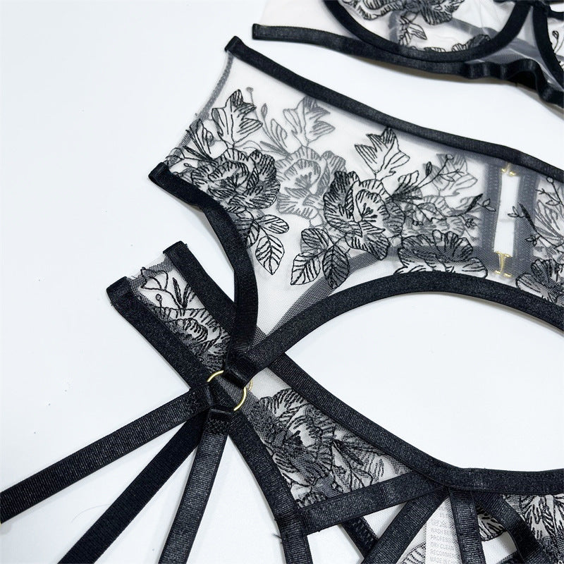 Ensemble trois pièces en dentelle et maille à imprimé floral pour femmes