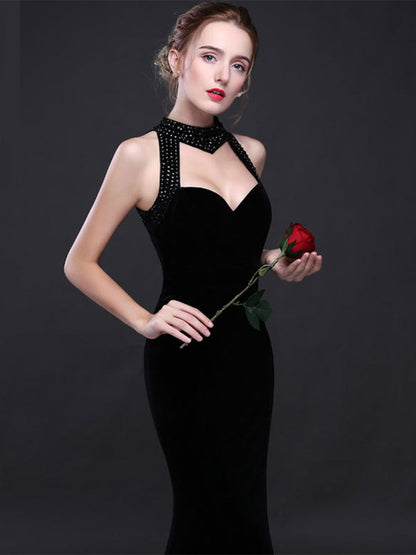 Robe de soirée vintage élégante en velours, sexy, dos nu, sans manches, style sirène, longueur au sol, robe de soirée, col licou, robe de bal