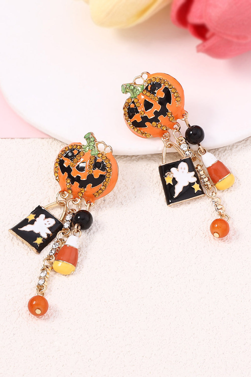 Boucles d'oreilles en strass orange Halloween Citrouille Fantôme Tassel