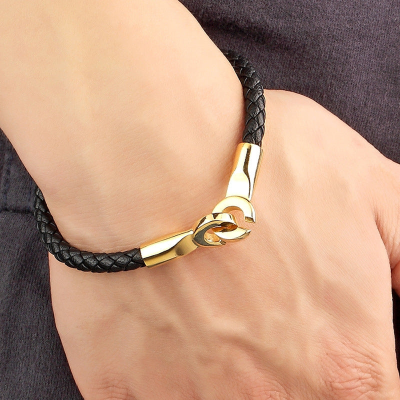 Bracelet en cuir tressé boucle simple en acier inoxydable pour homme