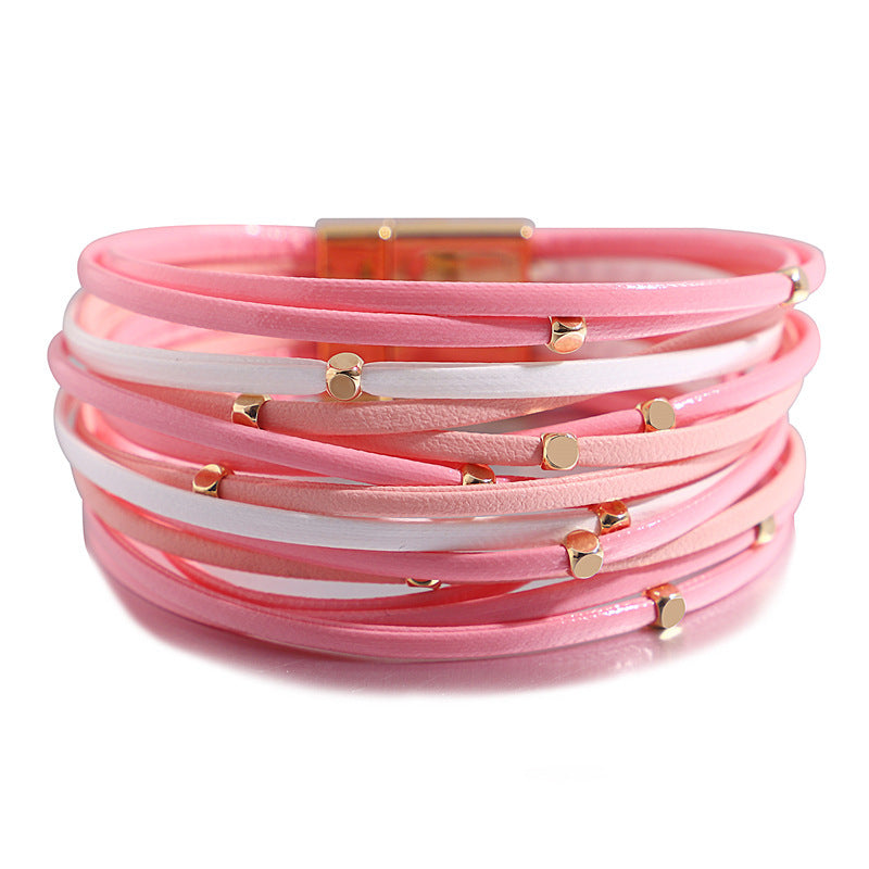 Bracelet vintage en cuir souple avec perles pour femme