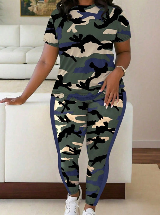 Ensemble jogging T-shirt imprimé à col rond et legging pour femmes