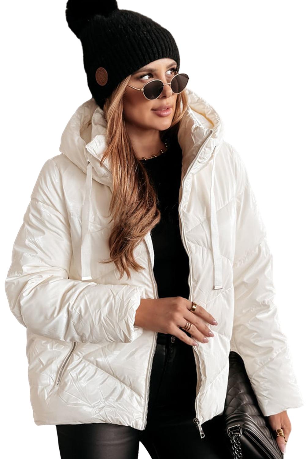 Manteau bouffant matelassé uni blanc avec capuche et fermeture à glissière