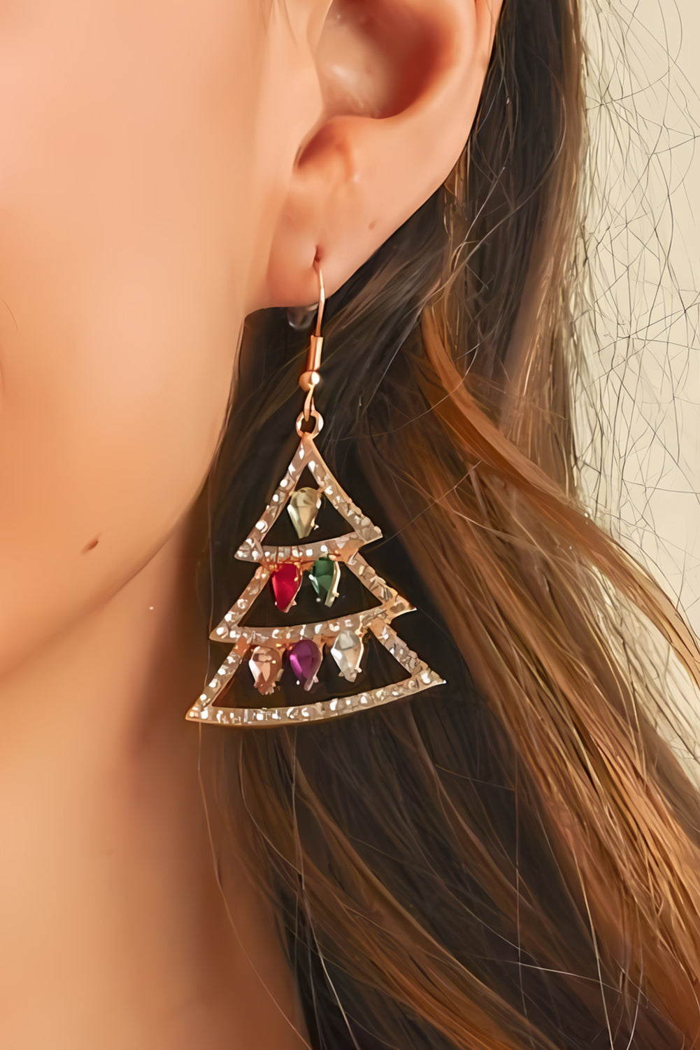 Boucles d'oreilles à crochets en strass avec décor en pierres précieuses en forme d'arbre de Noël