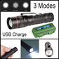 Lampe de poche LED rechargeable 3 modes torche zoomable câble USB