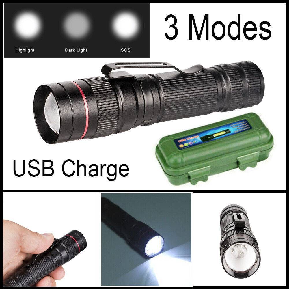 Lampe de poche LED rechargeable 3 modes torche zoomable câble USB