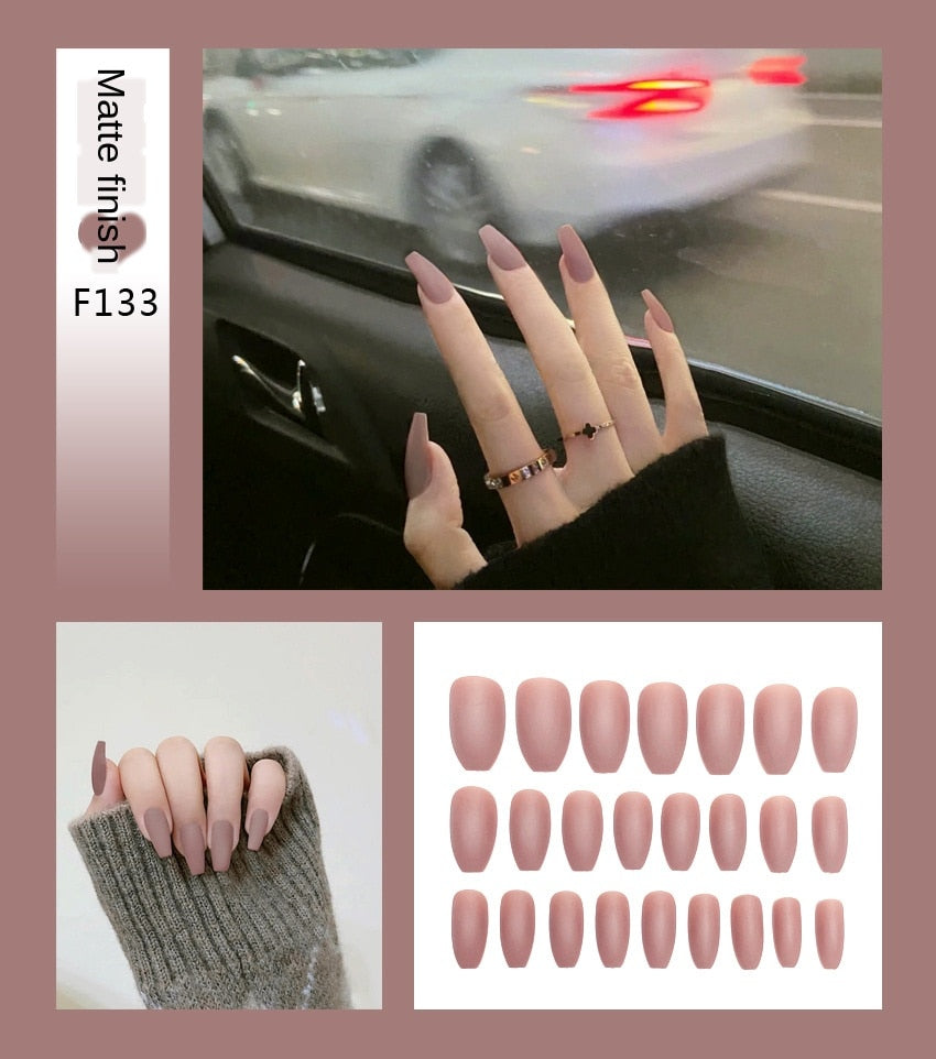 Faux ongles – Stiletto longs, transparents, mat, complets, avec colle