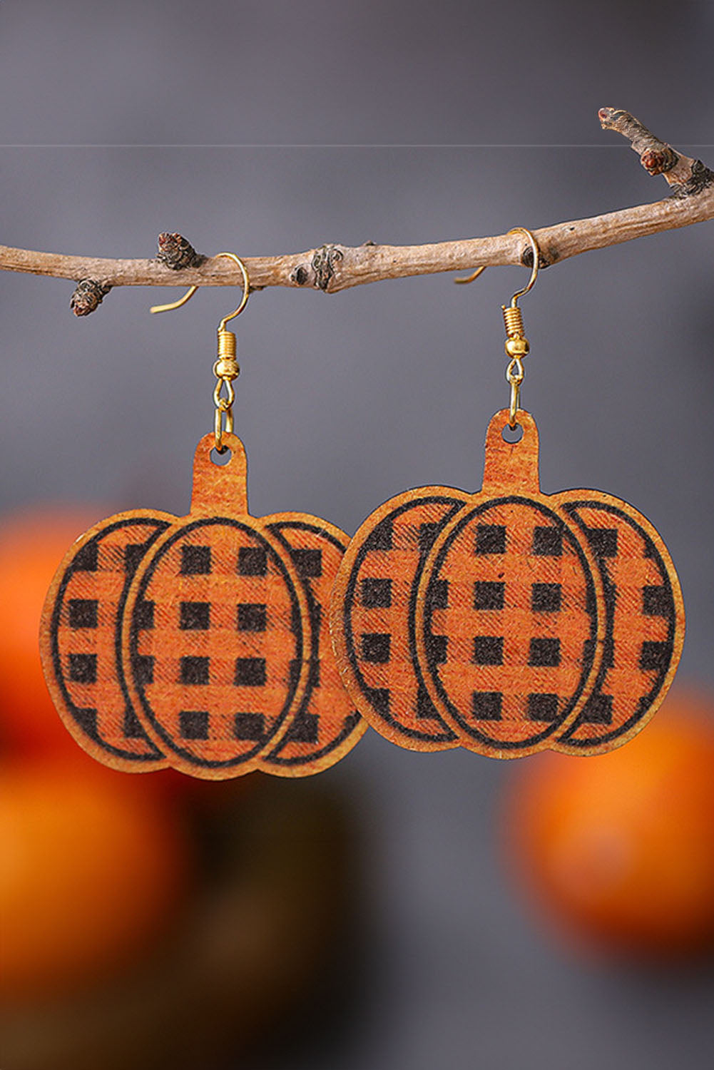 Russet Orange Plaid Print Pumpkin Shape Autumn Drop Earrings