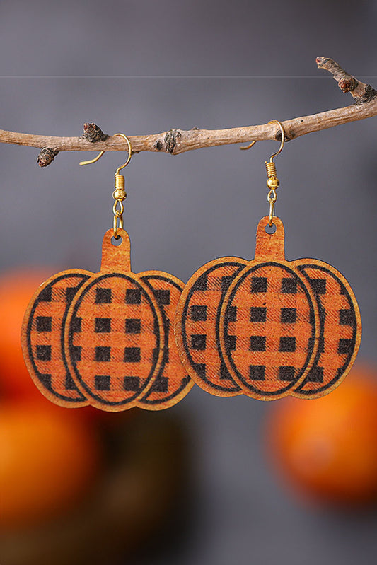 Russet Orange Plaid Print Pumpkin Shape Autumn Drop Earrings