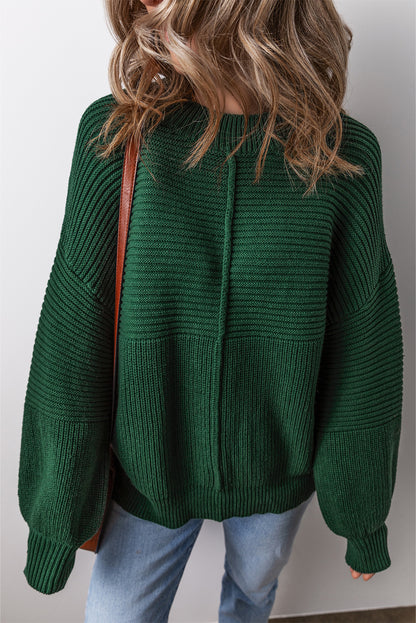 Pull à col ras du cou en tricot texturé vert noir avec manches lanternes