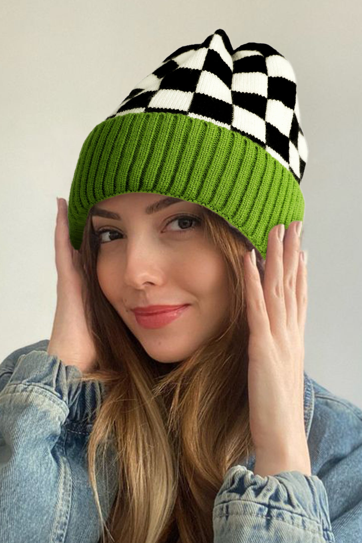 Bonnet d'hiver unisexe à damier vert épinard