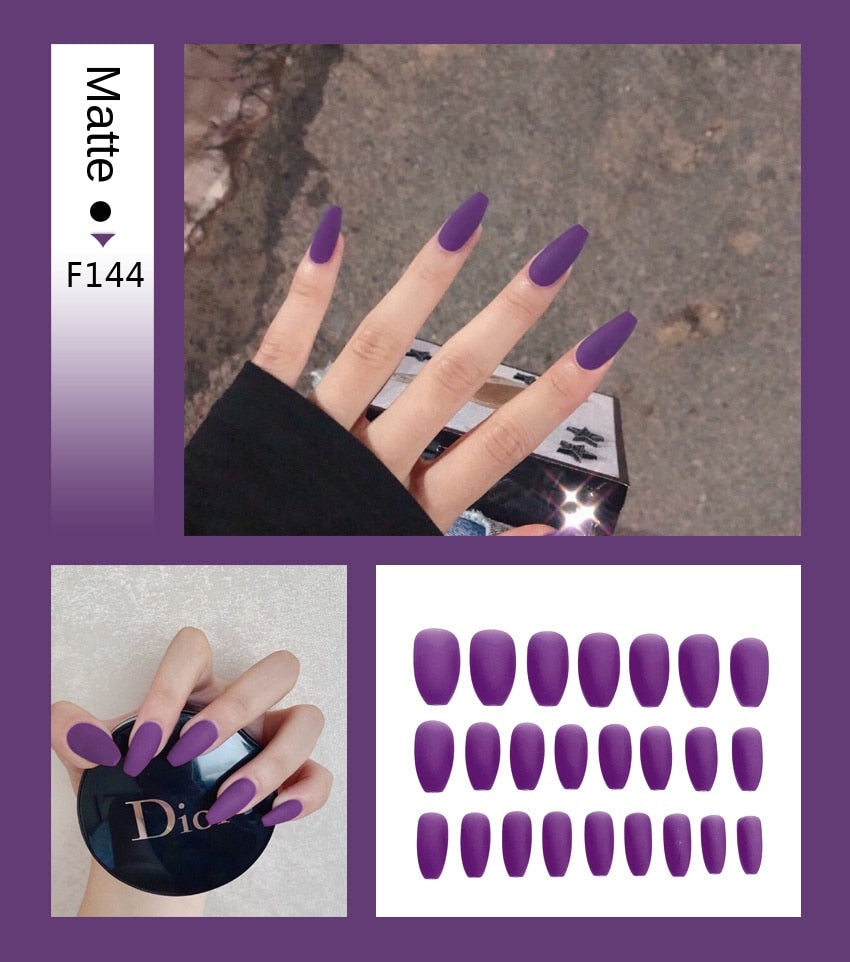 Faux ongles – Stiletto longs, transparents, mat, complets, avec colle