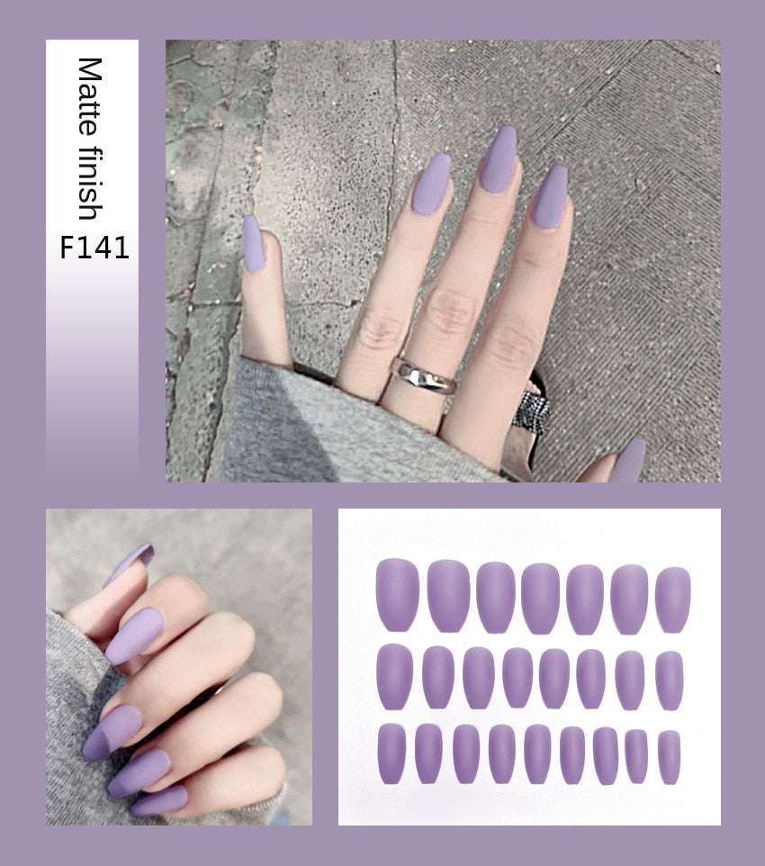 Faux ongles – Stiletto longs, transparents, mat, complets, avec colle