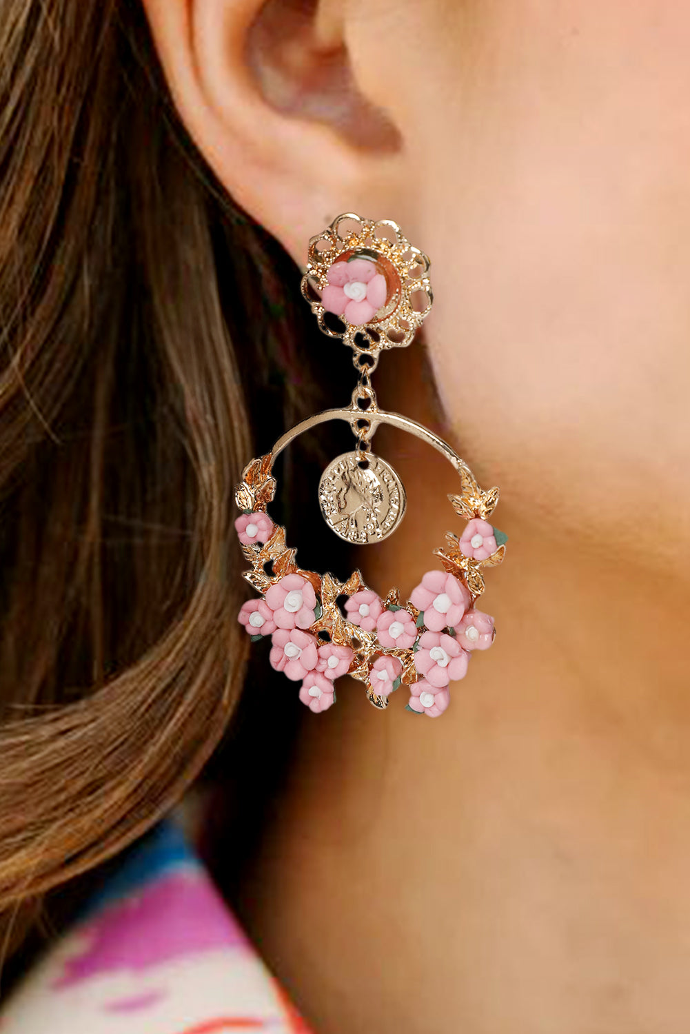 Boucle d'oreille goutte d'eau rose Boho Flower Vintage